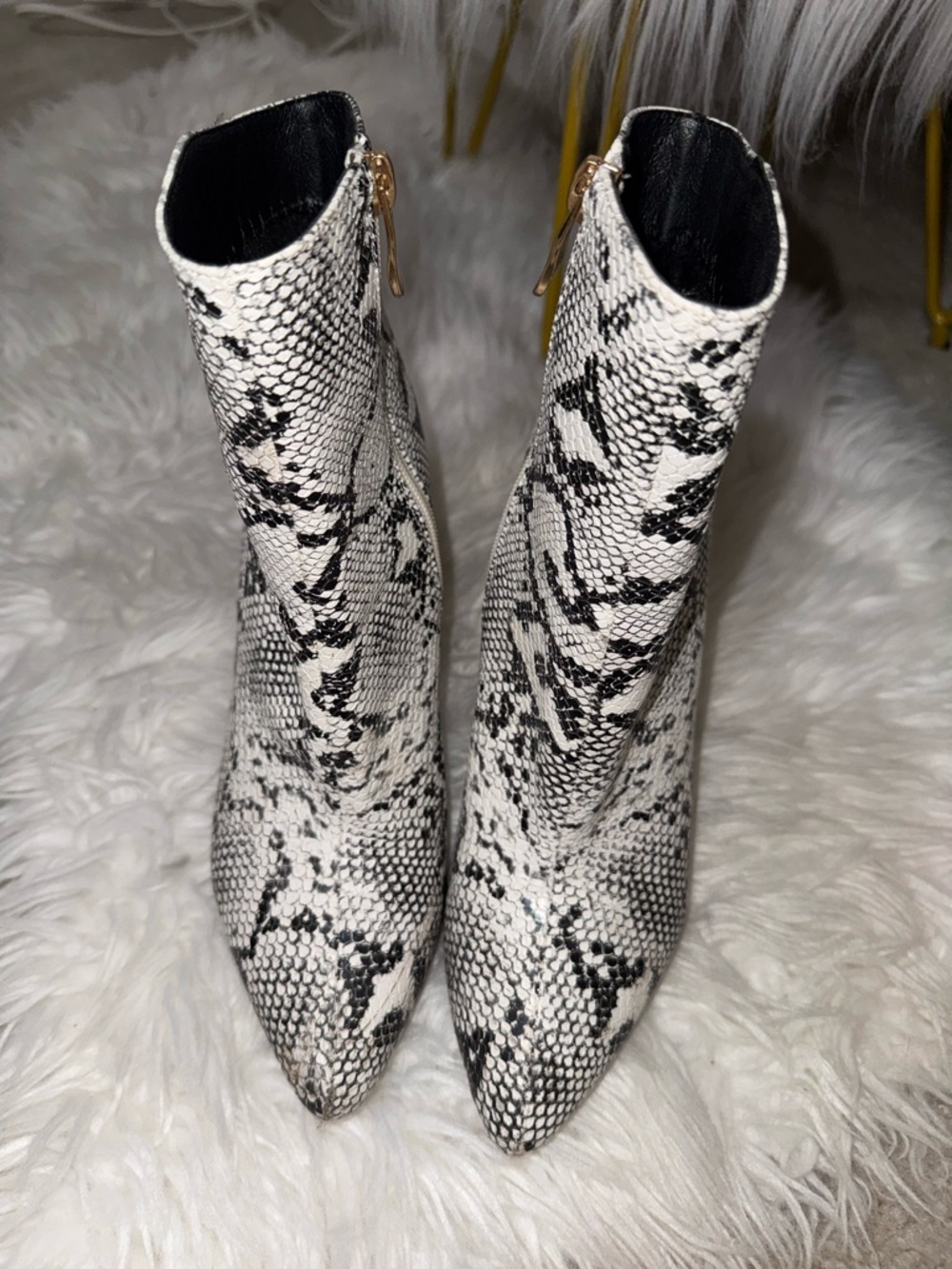 Snake-Print Pointed Ankle Booties in White and Black
